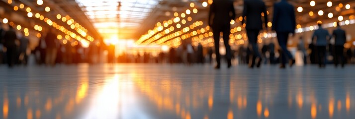 Crowd of people walking in a busy hall with warm sunlight streaming through large windows during evening hours