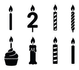 Birthday candle icons set – silhouette, celebration and party decoration symbols