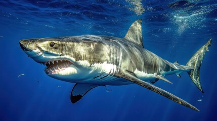 Fototapeta premium Great white shark in deep blue ocean