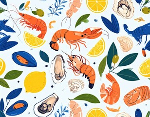Obraz premium Vibrant seafood medley prawns oysters mussels lemons and olives on a light background