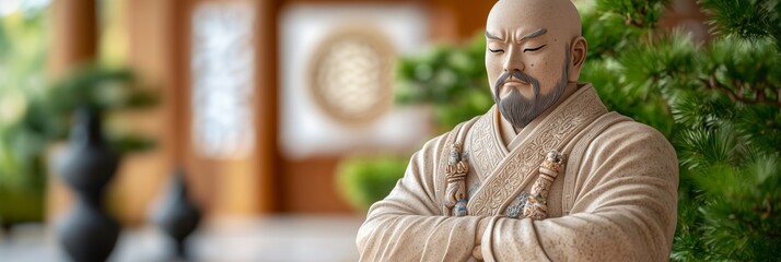 Statue of a wise monk with serene expression in a traditional temple setting