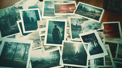 Vintage Polaroid Photos Scattered on Wooden Floor Depicting Mysterious Foggy Forests and Melancholic Outdoor Scenes