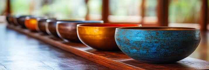 Colorful singing bowls displayed on a wooden table in a tranquil setting promoting relaxation and mindfulness