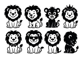 Cartoon lion silhouette icons set – simple, playful and animal-themed graphics