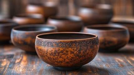 Beautifully crafted singing bowls displayed on a rustic table showcasing unique patterns and textures in natural colors