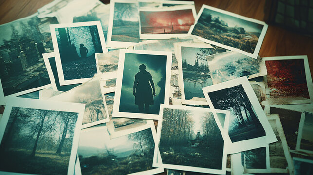 Vintage Polaroid Photos Scattered on Wooden Floor Depicting Mysterious Foggy Forests and Melancholic Outdoor Scenes