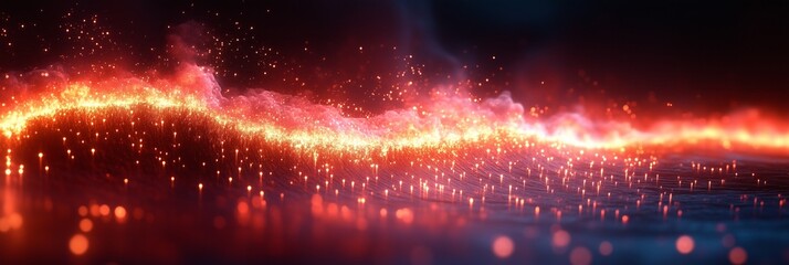 Dazzling waves of glowing orange and red light dancing across a dark surface at night background