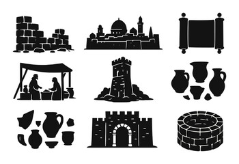 Fototapeta premium Ancient jerusalem silhouette icons set – historic, biblical and middle eastern symbols