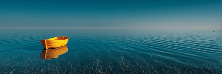 Bright yellow boat floating calmly on clear blue water at sunrise in a peaceful coastal setting