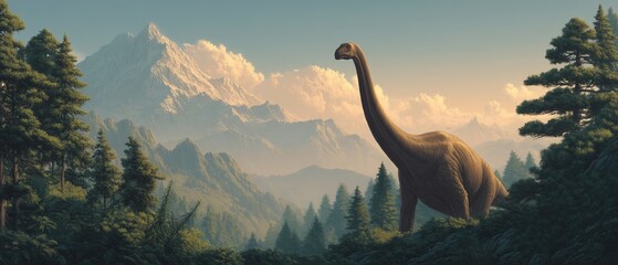 Diplodocus Feeding on Tall Conifers in Prehistoric Landscape