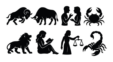 Zodiac sign silhouette icons set – astrological, horoscope and celestial symbols
