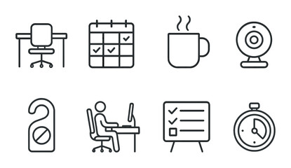 Home office essentials line icons set – outline, workspace and productivity symbols