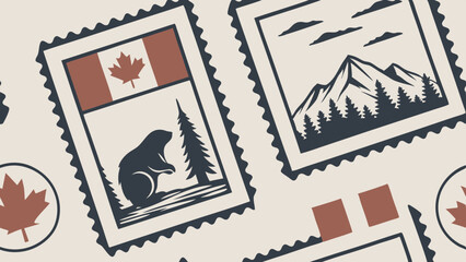 Obraz premium Seamless pattern with vintage-style Canadian stamps featuring national symbols for heritage branding, retro tourism projects, blog visuals, and patriotic packaging