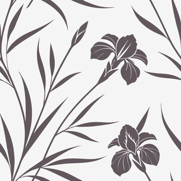 Seamless minimal iris flower pattern with long stems and fine leaves for elegant fabric, spa branding, feminine packaging, eco blogs, and calm interior themes