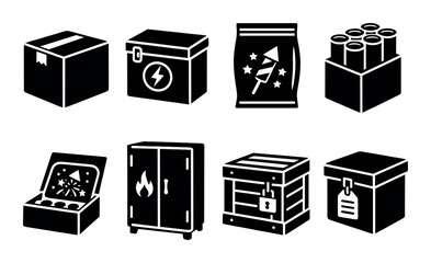 Firework storage silhouette icons set – safety, explosive, and container symbols