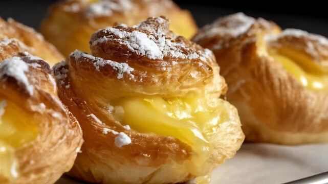 Close-up of a row of flaky danish pastries filled with rich yellow cream and powdered sugar topping, freshly baked, delicious treat