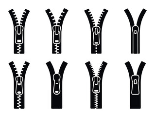 Zipper silhouette icons set &ndash; fastening, closure, and garment style symbols