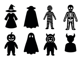 Halloween costume silhouette icons set – spooky, dress-up and festive symbols