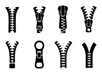 Zipper mechanism icons set – silhouette style, fastener and closure design elements