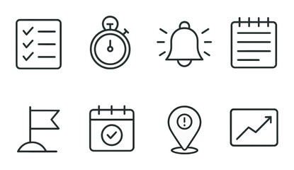 Productivity and task management icons set – outline, efficiency, organization symbols