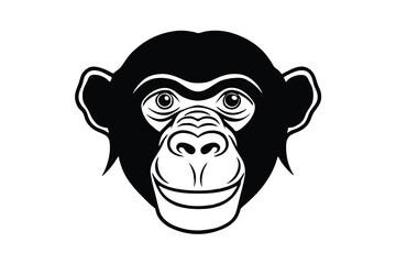 Happy chimpanzee face black and white illustration