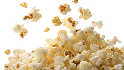 Delicious Popcorn Falling in the Air on Transparent Background

