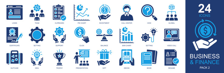 Business And Finance Icons set vector illustration. Containing investment, statistics, presentation, team, pie chart and more. Simple solid icons collection.