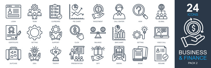 Business And Finance Icons set vector illustration. Containing investment, statistics, presentation, team, pie chart and more. Simple outline icons collection.