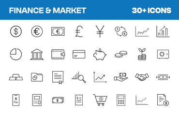 Finance & Market Icons Set. Contains icons related to finance: currency, banking, investment, savings, and more. Editable stroke. Vector illustration.