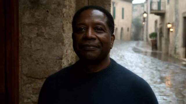 A cheerful Black man walks through a picturesque cobblestone street, wearing a cozy dark blue sweater, enjoying the scenic beauty of a historic location