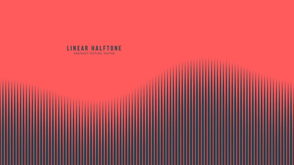 Minimal halftone background with rising wave-form stripes. Black tapering lines on red field build motion and harmony, perfect for music, rhythm and digital aesthetics. Conceptual smooth curved shape