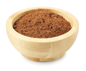 Nutmeg powder in bowl isolated on white
