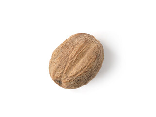 One whole fresh nutmeg isolated on white, top view