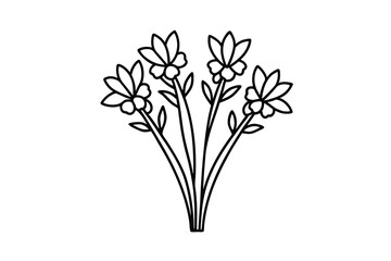 Simple line drawing of four blooming flowers on stems