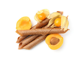 Tasty fruit leather rolls, apricot and physalis isolated on white, top view