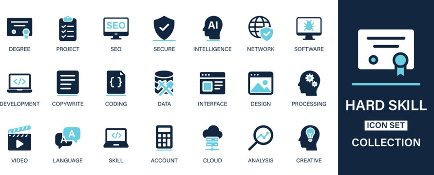 Hard skill icon set collection. Degree, project, secure, intelligence, network, software, development, copywrite, coding, data. And solid icon set.