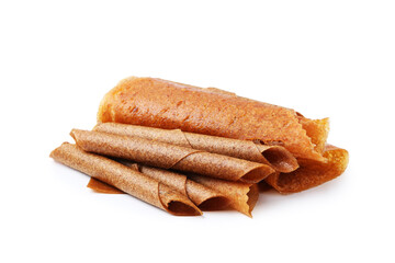 Delicious fruit leather rolls isolated on white