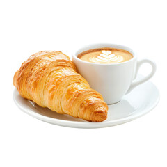 Cup of coffee and croissant, a cup of coffee with croissant on white plate isolated on transparent...