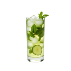 Fresh cucumber mint lemonade with ice and mint leaves in a tall glass, vibrant and refreshing, perfect summer drink.