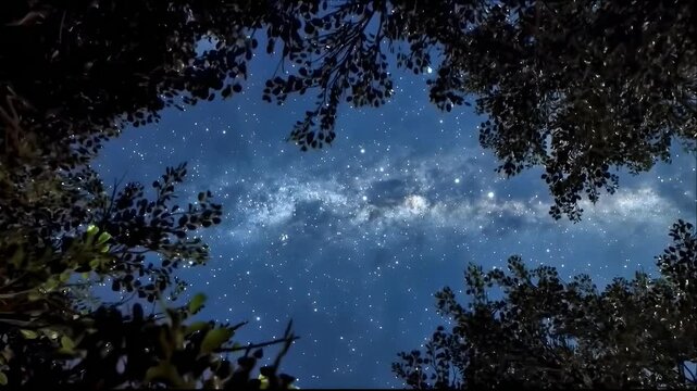 4K Night Sky Through Forest Canopy Milky Way Timelapse