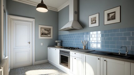 Classic kitchen interior design with light blue subway tiles.