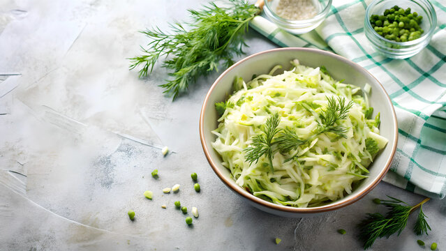 Fresh cabbage salad with dill in bowl, top view on light background – crisp, clean, and healthy.