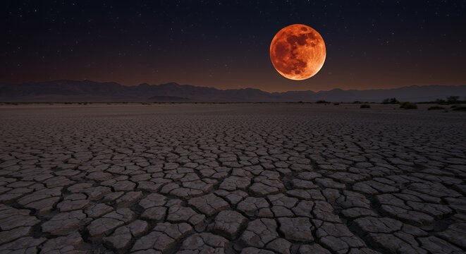 Dramatic Blood Moon Rising Over Cracked Desert Landscape at Night