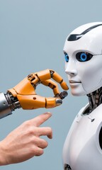 Human Finger Touches Metallic Robot Hand Examining its Face on Light Background