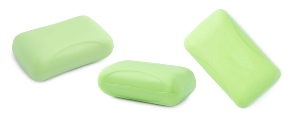 Light green soap bar on white background, collage. Top and side view