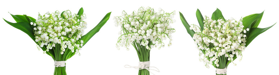 Bouquets of lily of the valley flowers isolated on white, set