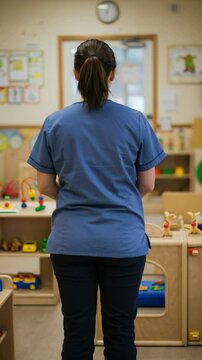 Female Caregiver in Blue Uniform Overseeing Colorful Play Area for Children in Early Learning Center, Engaging with Educational Toys and Activities