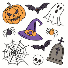 Spooky Halloween Elements Set – Cartoon Vector Icons of Pumpkins, Ghosts, Bats, and More
