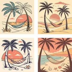 A beachside hammock between two palm trees with a retro sunset.