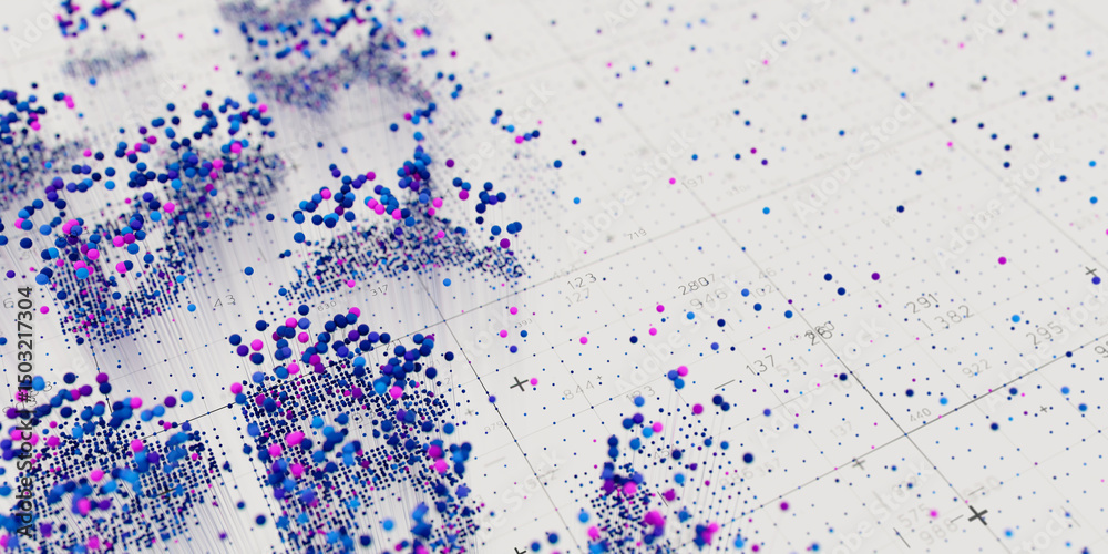 Poster Abstract data clusters visualization. AI technology neural patterns. Digital information presentation, futuristic graph. 